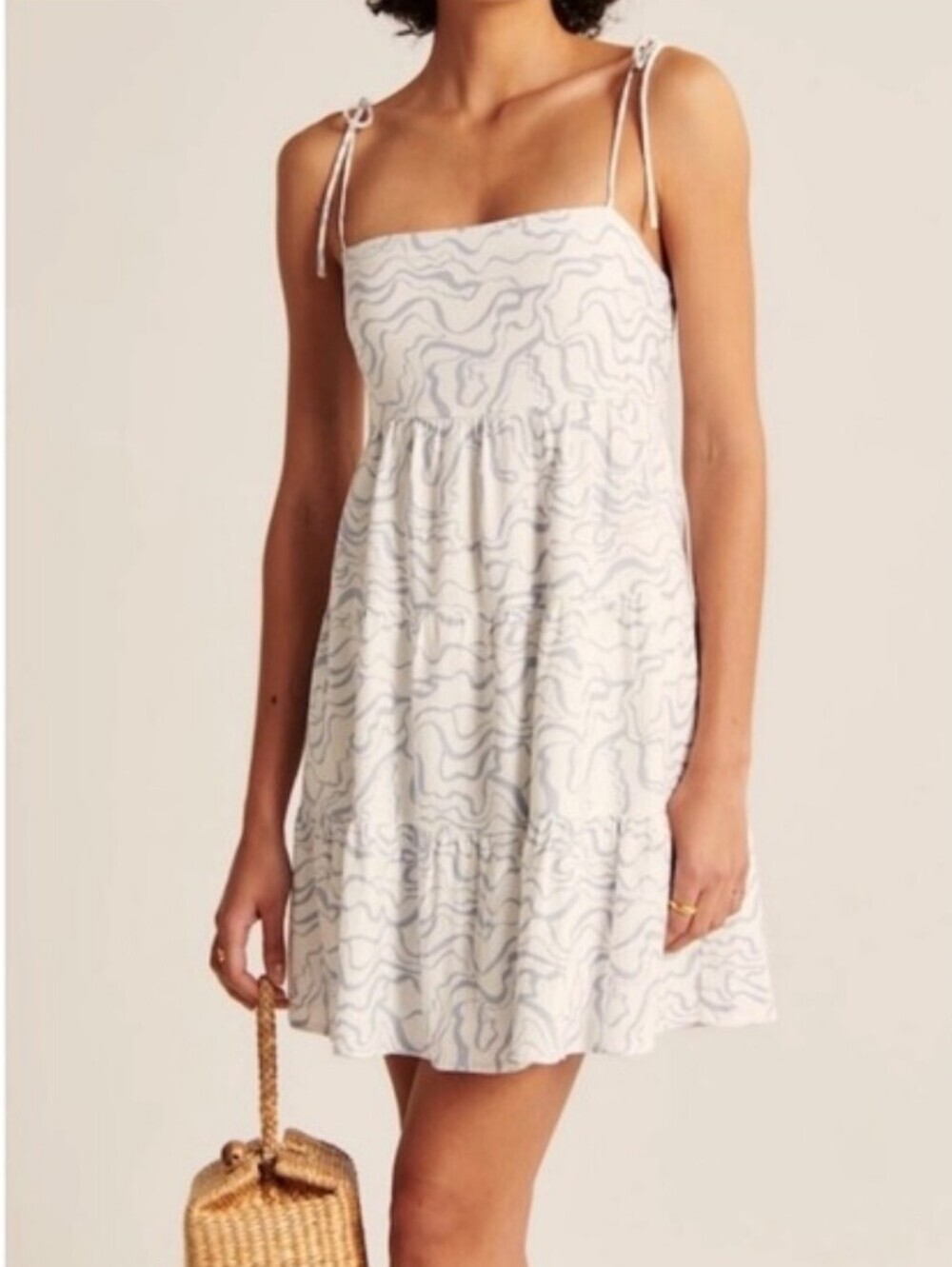 Abercrombie & Fitch Tiered Sleeveless Mini Dress. Linen Blend. White, Blue. L.